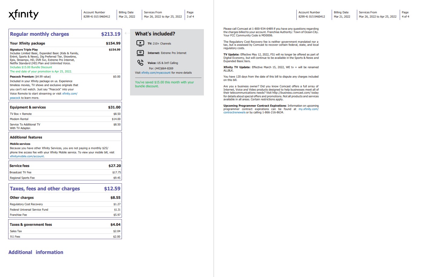 USA Philadelphia Xfinity utility bill Word and PDF template, 4 pages 3 4